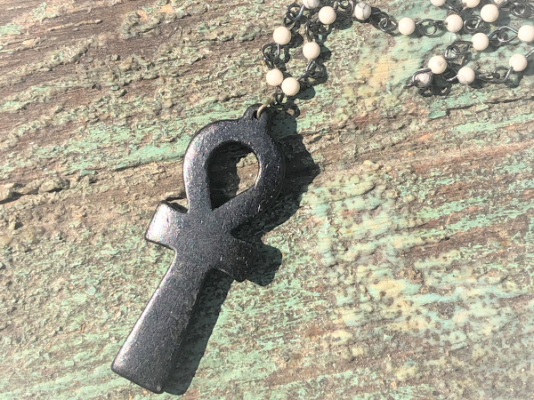 Stained hand carved ox bone ankh symbol pendant necklace