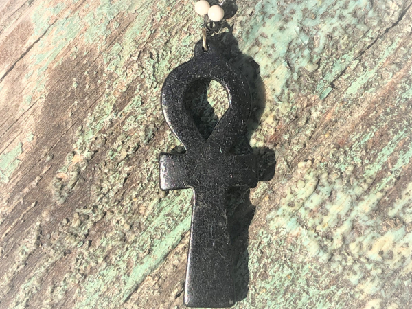 Stained hand carved ox bone ankh symbol pendant necklace