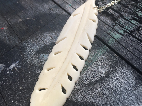 Hand carved ox bone long white feather pendant necklace