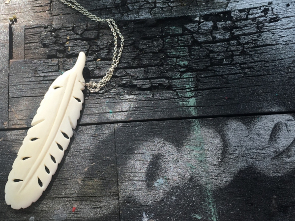 Hand carved ox bone long white feather pendant necklace