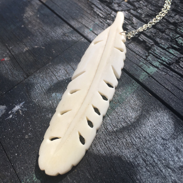 Hand carved ox bone long white feather pendant necklace